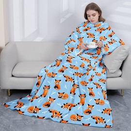 Raccoon Fleece Blanket with Sleeves for Women Men Adult Kids, Cute Panda Animal Wearable Blanket Throw Wrap, Blue Warm Cozy Extra Soft Sleep Hug Blanket, Gift for Women Mom, 50"x50"