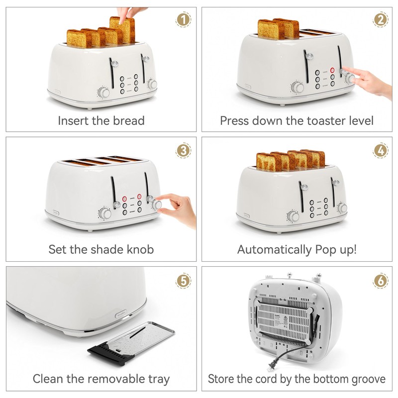Toaster 4 Slice, Retro Stainless with 6 Bread Shade Settings,1.5''Wide