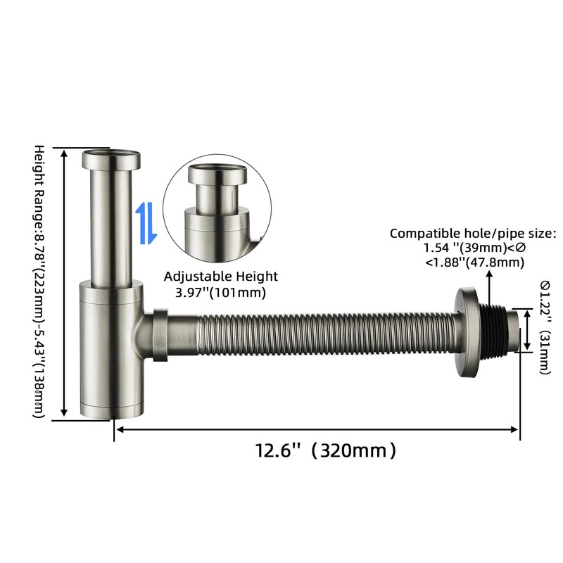 GORDEE Bathroom Sink P-Trap Drain, Adjustable 1-1/4 Bottle P Trap