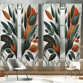 Ambesonne Boho Window Curtains Pack of 2, Mid Century Modern Exotics Leaves and Roundy Line Details Art Minimalist, Lightweight Set & Rod Pocket, 4 Panels of - 28" x 95", Orange Laurel Green Grey