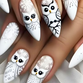 24PCS Christmas Press on Nails White Owl Short Almond - ZWENJIE Winter Cute Glossy Fake Nails French Full Cover Artificial Acrylic False Nail Snowflake Designs Xmas Holiday Glue on Nails Kit for Woman