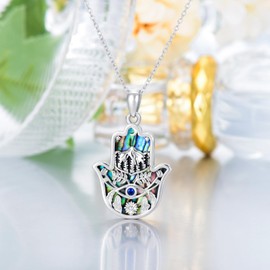 PROESS Mountain Hamsa Necklace Sterling Silver Sunflower Hamsa Pendant Evil Eye Necklace Protection Jewelry Gifts for Women Men Christmas Birthday