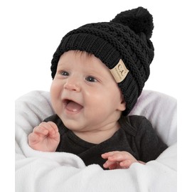 Funky Junque Exclusives Baby Knit Hat with Fur Pom Pom – Infant Black Beanie – Soft Warm Unisex Winter Cap – 100% Acrylic – Fits 0-9 Months