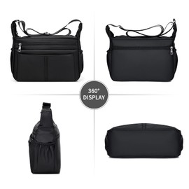 Carfond Women Shoulder Bag Multi-Pockets Handbag Water-Resistant Nylon Crossbody Bags Large Purses Lightweight Messenger Bag Black