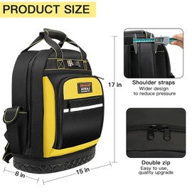 AIRAJ PRO Tool Backpack,17"Heavy Duty Tool Backpack Bag with Waterproof Molded Base,Durable Multi-Use Pocket Electrician & Industrial & Construction Work Backpack,Black/Yellow