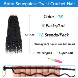 ZRQ 9 Packs Senegalese Twist Crochet Hair Boho Island Twist Crochet Black Hair 14 Inch Pre Looped Synthetic Braiding Hair with Curly Ends for Black Women