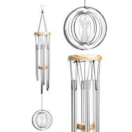 Wind Chime with Wind Spinner, Creative Wind Chimes with 6 Hollow Aluminium Tubes, Wooden Wind Chimes for Garden Decoration (Silver Angel)