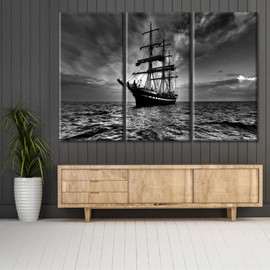 3 Panel Pirate Ship Wall Decor Black and White Wall Art Seascape Art Paintings Sailboat Canvas Prints Canvas Artwork Wall Decor Stretched Framed Canvas Wall Art Ready to Hang, 60x40 Inch