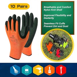 Safety Work Gloves with Latex Rubber Coating, Non-Slip Grip, Breathable and Washable, Pack of 10 Pairs (Orange, Small)