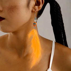 Xduargs Boho Orange Long Feather Earrings Orange Tassel Feather Drop Earrings Vintage Skull Heart Feather Dangle Earrings Lightweight Punk Feather Hook Earrings Jewelry for Women
