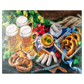 Oktoberfest Menu Bavarian Sausages with Pretzels Sweet Mustard and Beer Mugs - Premium 100 Piece Jigsaw Puzzle for Adults