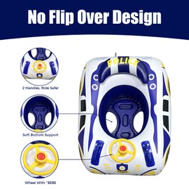 Baby Pool Float with 3D Police Car Design, PVC Baby Swim Float, Toddler Pool Float, Swimming Floats Seat Boat with Steering Wheel Pool Toys for Kids Girl Boy 1-2 1-3 2-4 3-5 (Blue White)