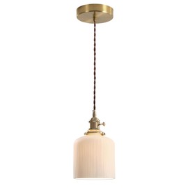 Magiroz Mid Century Modern Pendant Light Fixture Minimalist White Ceramic Hanging Light Ribbed Glass Light Fixture Adjustable Single Brushed Brass Opal Glass Pendant Lights Kitchen Island MPL16B