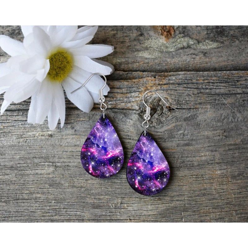 Southern Rampage Purple Galaxy Wood Tear Drop Printed Earrings Jewelry