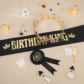 WOJVVK 5pcs King Birthday Decorations Set, Birthday King Sash and Crown for Men