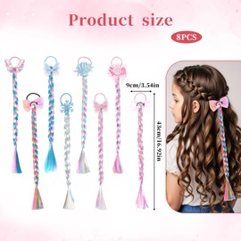 TIESOME Colored Braids Hair Extensions, 8 PCS Rainbow Braided Hairpieces with Rubber Bands Cute Braided Bows Ponytail Hairpiece Hair Accessories for Girls Gift Birthday Party Cosplay Daily Dress Up
