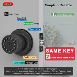 iulock Smart Door Knob with Keypad and Key,Keyless Entry Door Lock with Rubber Grip, Auto Lock,50 User Code,Waterproof, Easy to Install and Program for Bedroom (Matte Black Same Key 2 Pack)