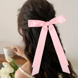 Totelux Bow Hair Clips Pink Hair Ribbon Ponytail Holder Hair Bows with Long Tail Bowknot Hair Barrette for Women Girls Silky Satin Hair Accessories 2Pcs