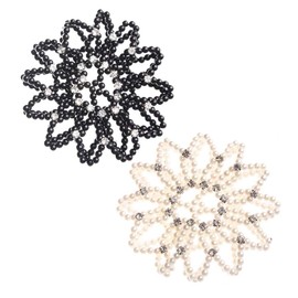 2Pcs Handmade Crochet Pearl Elastic Hair Nets Elastic Hair Bun Cover, Rhinestone Hair Accessories for Women Girls and Dancers (White and Black)