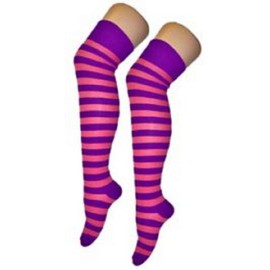 New Womens Over The Knee Long Horizontal Stripe Print Ladies Thigh High Striped Patterned Overknee Socks (Pink/Purple)