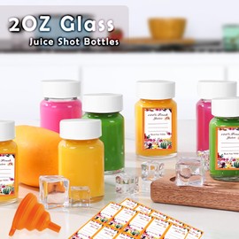 6-Pack 2oz Glass Shot Bottles with Caps – Wide Mouth Reusable Wellness Shot Jars for Juicing,Ginger,Liquor,Oils,Juice Stickers,Cleaning Brush & Silicone Funnel (BPA-Free, Dishwasher Safe)