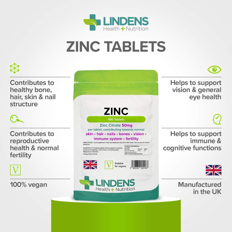Lindens Zinc Citrate 50mg - 100 Vegan Tablets - Immune