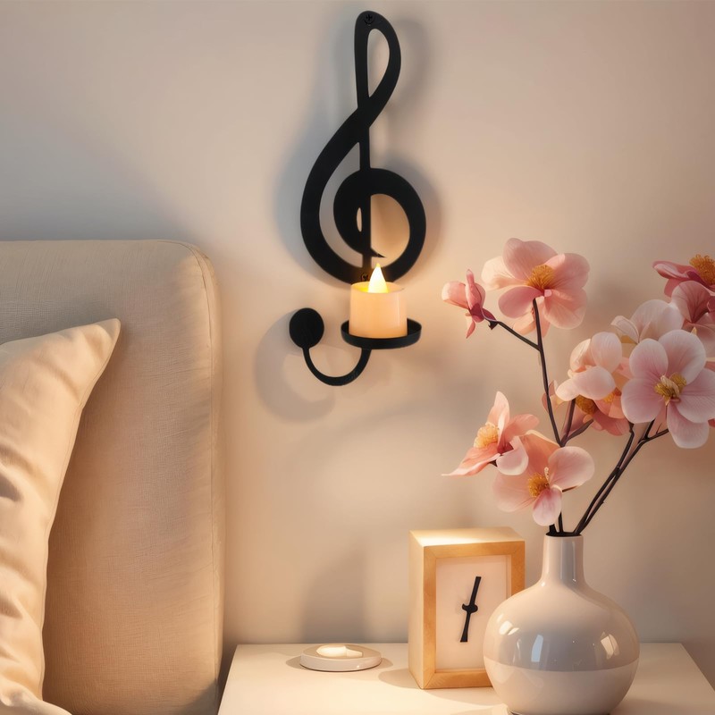 Musical Notes Wall Decor, Black Metal Candle Sconces Set, Music