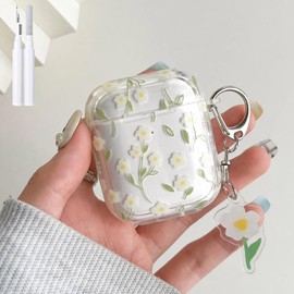 Hidysfas Compatible with AirPods Case Floral Case with Cleaner Kit Cute Flowers Keychain Cover for Girls Women Airpod 2/ AirPod 1 Generation-Green Leaves