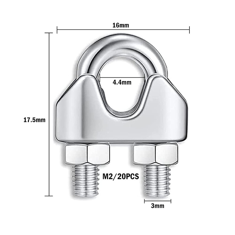 Pack of 20 Wire Rope Clamps, M2 Rope Clamps, Stainless