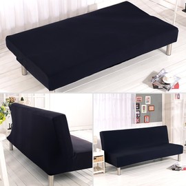 Solid Colour Armless Sofa Bed Cover Polyester Spandex Stretch Futon Slipcover Protector 3 Seater Elastic Full Folding Couch Sofa Cover fits Folding Sofa Bed without Armrests 80" x 50" in (Black)