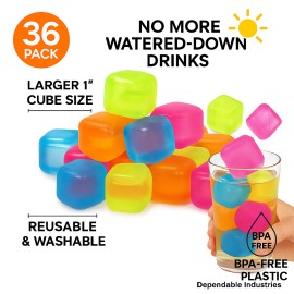 Dependable Industries Inc. Essentials 36-Pack Reusable Ice Cubes – 1" Square BPA-Free Multicolor Chilling Cubes
