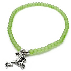 Lime Green Frosted Glass Bead Anklet with Silver Plated Frog Charm on Elastic : Small/Medium 9.5 inches