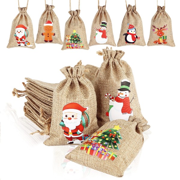 AUERVO 12pcs Christmas Jute Burlap, Xmas Jute Linen Burlap Drawstring Gift Candy Pouch Snack Sack Craft Goodie Bags for kids Xmas Party Favors