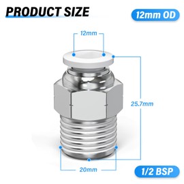 TAILONZ PNEUMATIC White Straight Male Thread 12mm OD x 1/2 BSP Push-in Fittings PC12-04 (Pack of 2)