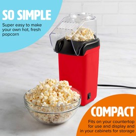 Tasty Hot Air Popcorn Popper, Healthy and Delicious Popcorn in Minutes, Fast and Easy-to-Use, Built-In Measuring Cup and Butter Warmer, 8 Cups, Red