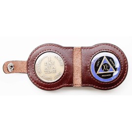 Double Leather Key TAG Brown - Coin Size 1 5/16" Holds 2 AA/NA Medallions/AA/NA Coins - Easy to Change Slip in or Out AA/NA Tokens AA/NA Chips, Medallion, and Commemorative Coin