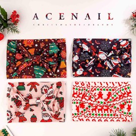 Acenail Wide Headbands Non Slip Knotted Turban Headband Elastic Santa Claus Xmas Hairbands Deer Red Workout Head Wraps Yoga Hair Scarfs Christmas Hair Accessories for Women 4Pcs (Xmas B, 9.8 * 5.9'')