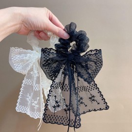 YYKITCHEN White Lace Ribbon Bow Hair Scrunchies,Coquette Bow Elastic Ties Large for Women Girls Bridal Shower Beach Wedding Party Dress Decor Accessories Gift