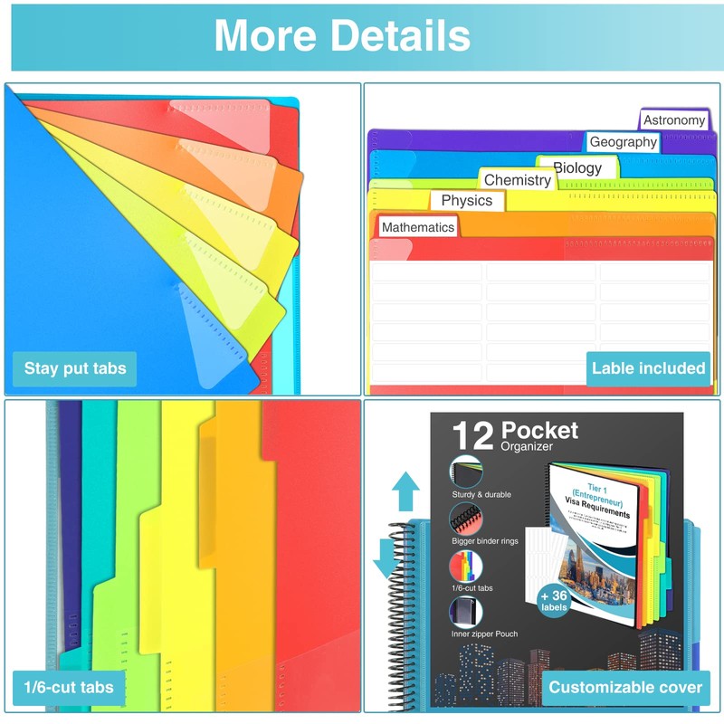 12 Pocket Project Organizer, Forvencer 1/6-cut Tab Binder Organizer with