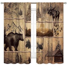 Cortinas de cabaña rústica, retro de estilo rústico, oso de granja, ciervo, alce, caza, animales salvajes, cabaña del bosque, campo, tratamientos de ventana clásico para recámara, sala de estar,