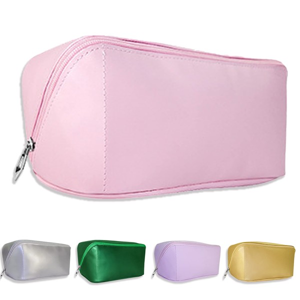 LYSdefeu Large-Capacity Travel Cosmetic Bag, Portable Make Up Bag Opens Flat, PU Leather Double-layered Waterproof Storage Travel Organizer Bag For Skincare Toiletries Women's Mother's Day Gift-Pink