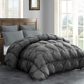 HOMBYS Feather and Down Comforter Queen Size, 90x90 Pinch Pleat Duvet Insert with 100% Cotton Downproof Cover, Grey Fluffy Thick Comforter with Corner Tabs for All Season, Baffle Box Design