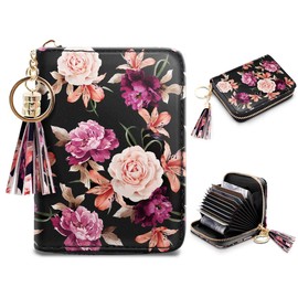 Coco Rossi Women's Flower Credit Card Wallet ID Card Case Floral Cute Accordion Card Holder for Women with Keychan, Black Flower