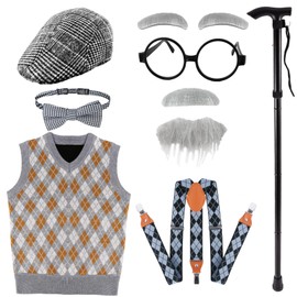 100 Days of School Costume for Kids Boys, Cool Old Man Costume for Kids Kit, 100 Days of School Grandpa Accessories Set(130)