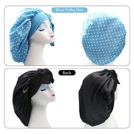 Hanbertti 2 Pack Silky Satin Hair Bonnet Sleeping Hat with Wide Tie Band Bonnets for Curly Hair When Make up and do Housework（Black+Blue Polka dot）