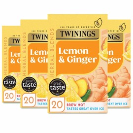 Twinings Lemon and Ginger Flavoured Tea - 80 Biodegradable Bags (Multipack of 4 x 20), Caffeine-Free Herbal Tea with Zesty Lemon & Spicy Ginger Flavor, Refreshing & Soothing Beverage