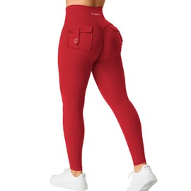 YEOREO Leggings with Pockets for Women Charm Leggings Workout Leggings for Women V Cross Waist Butt Lifting Gym Yoga Leggings Red L