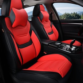 TIEHESYT Car Seat Covers Full Set, Breathable Leather Automotive Front and Rear Seat Covers & Headrest for Reduce The Driving Fatigue, Compatible with Most Vehicles, Cars (Black&Red, Front Pair)