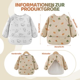 CHICHI:OÜ Baby Bibs with Sleeves, 2 Pieces Bibs for Weaning with Long Sleeves, PU Waterproof Bib Easy to Clean with Pocket, Soft and Skin-friendly, Breadfruit Tree Small Dinosaur