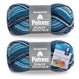 Patons Kroy Socks Yarn 2-Pack Bundle with Bella's Crafts Stitch Markers (Sing'n The Blues Stripes)